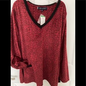 ❤️ANNE KLIEN Fleece velour red/blk print top  size L NWT